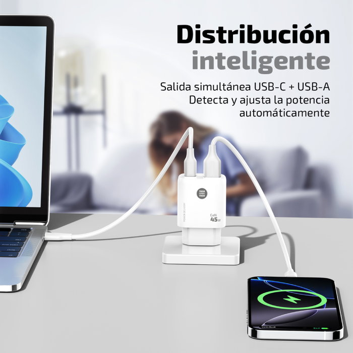 Tech One Tech TEC2245 Cargador de Pared GaN 45W USB-C y USB-A Blanco